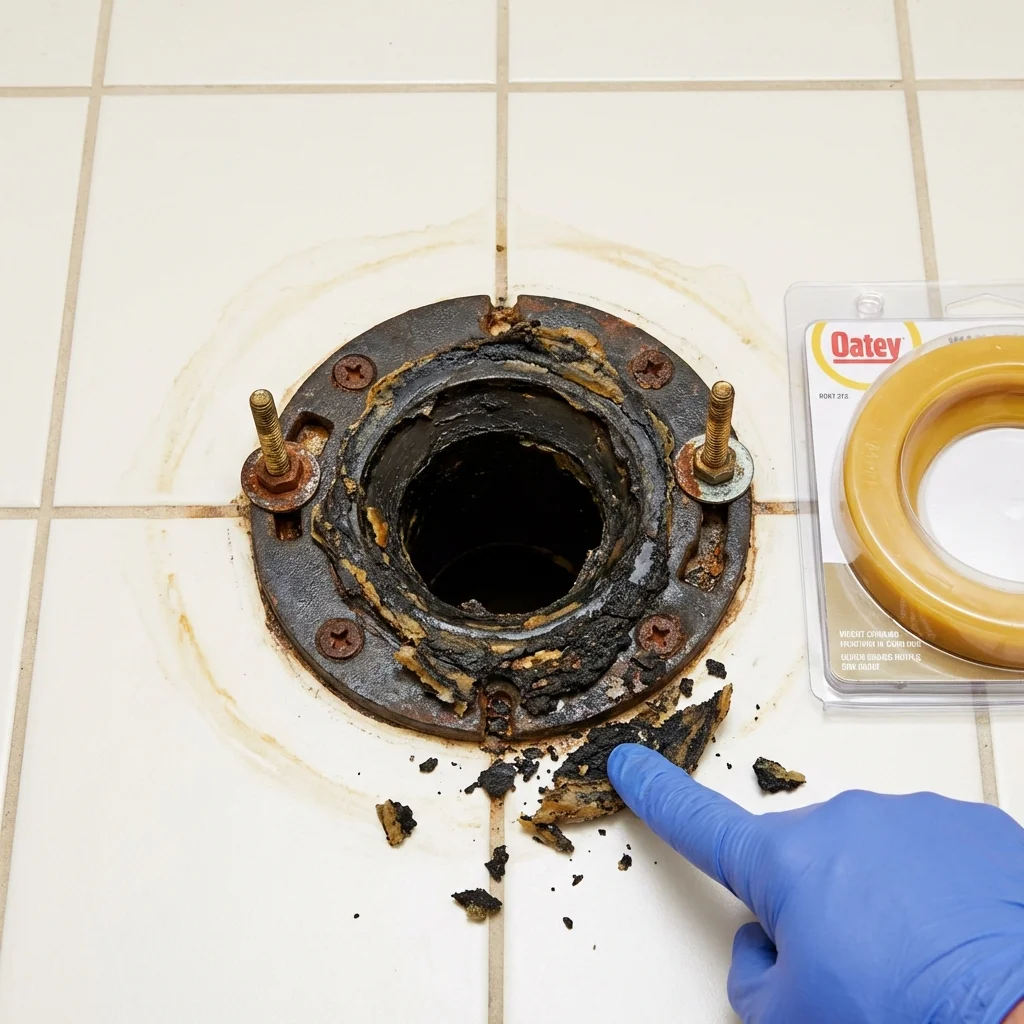 Failed wax ring showing water seepage at the base of a toilet in a Nevada, MO home