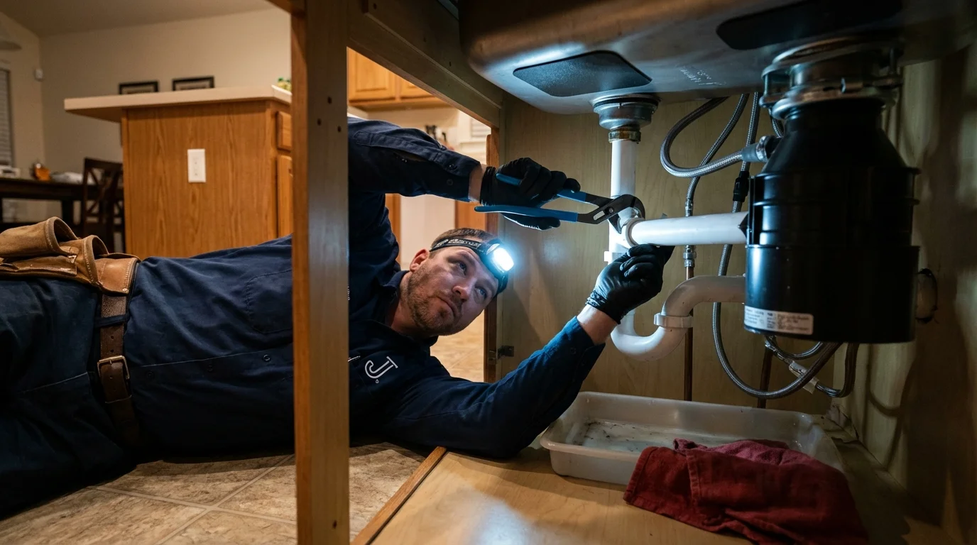 P-trap and supply line connections under a kitchen sink showing a common leak point in Nevada, MO